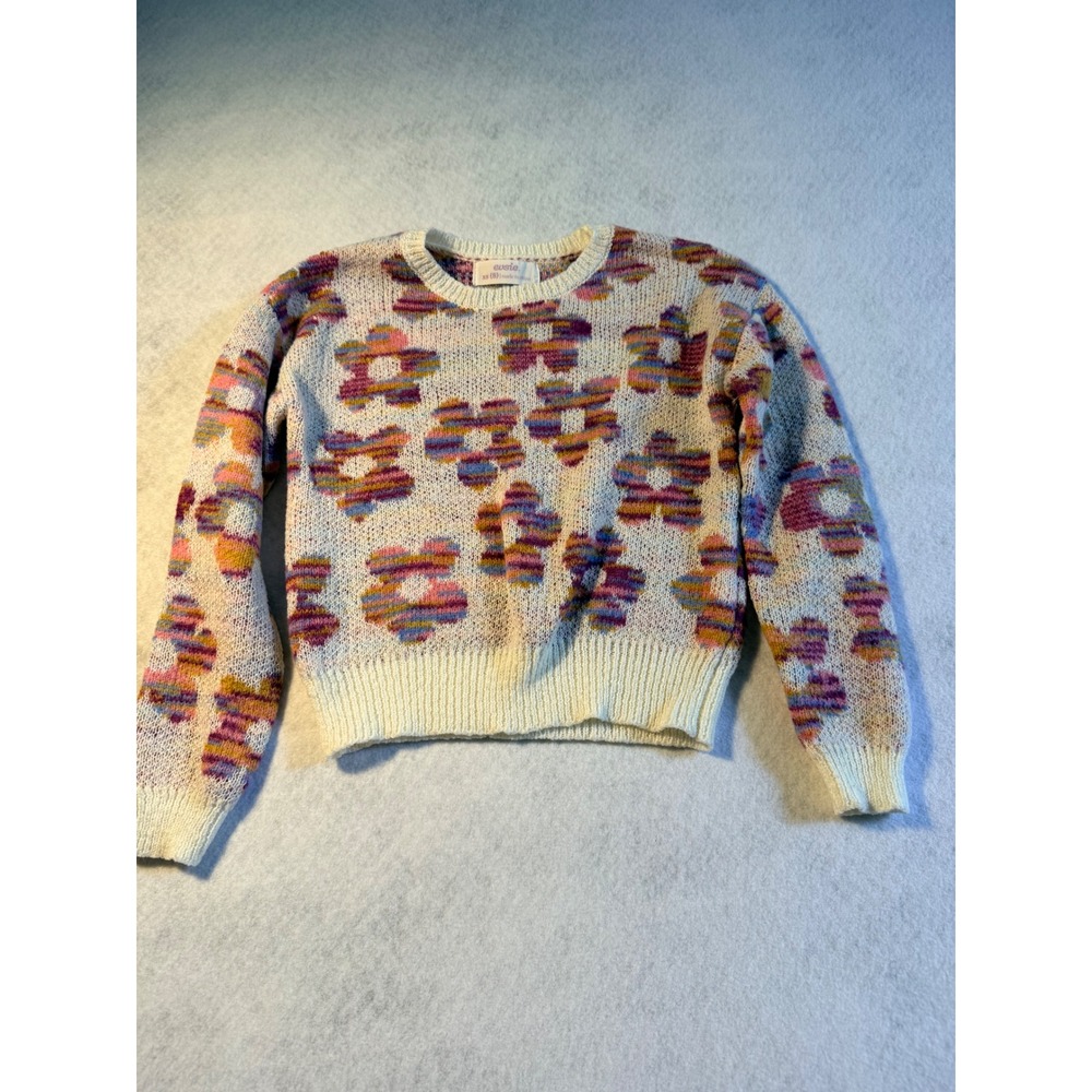 Evsie Girls Floral Knit Sweater Multi Color Crew Neck Pullover Size XS 8